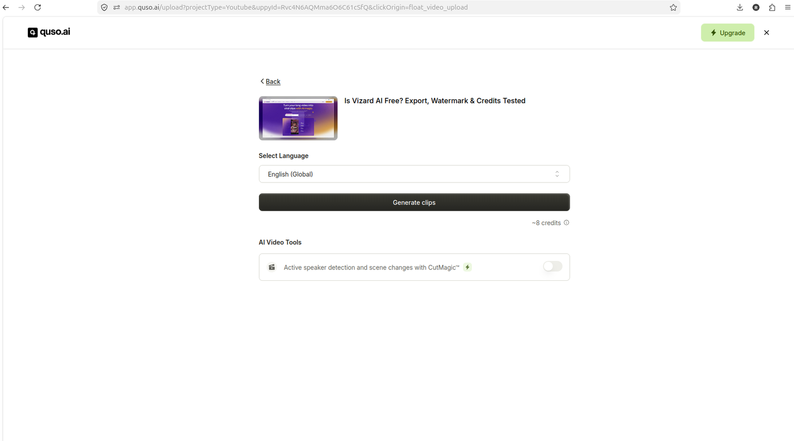 Quso.ai upgrade modal appearing before clip generation starts on free plan