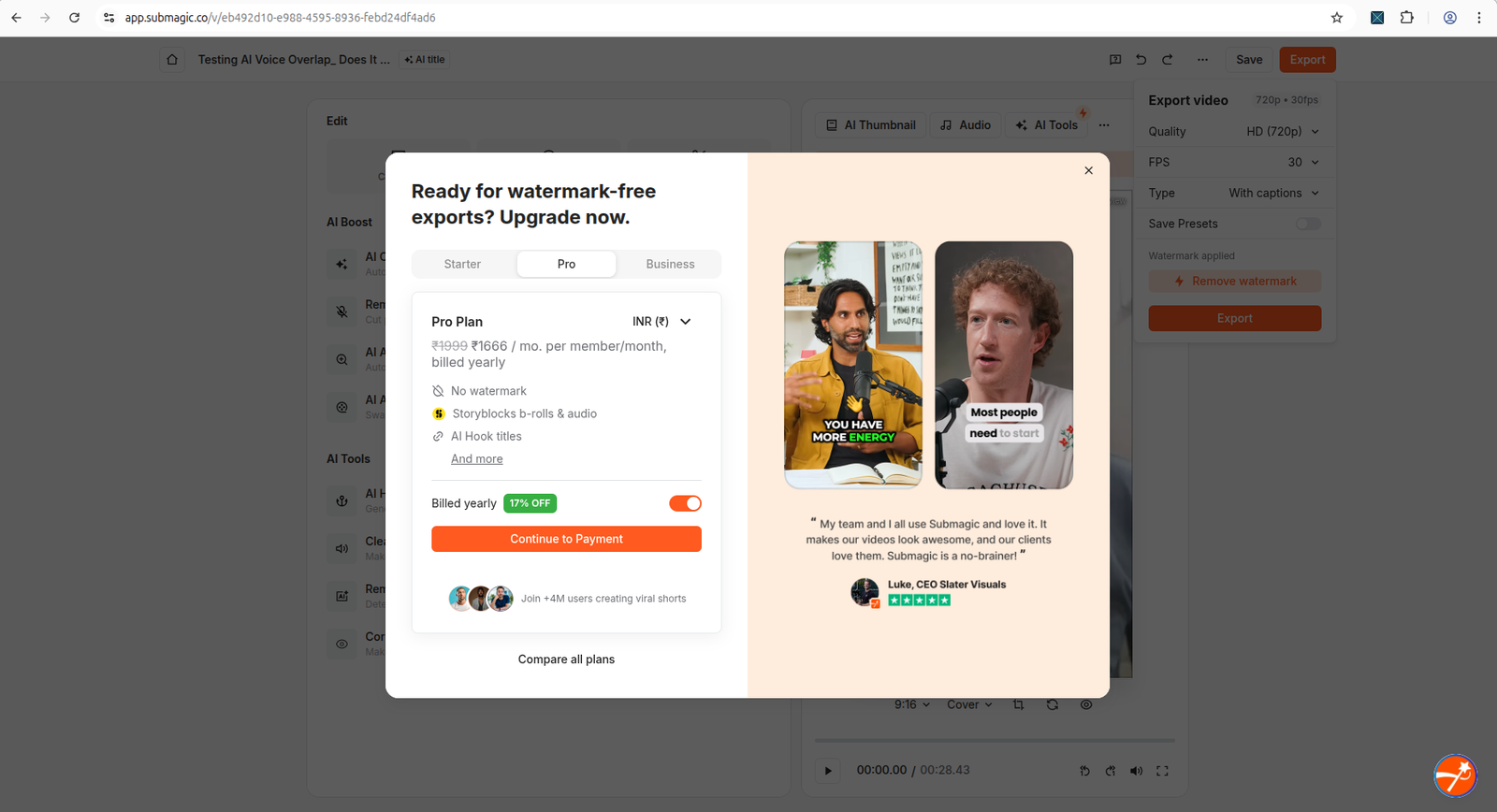 Submagic video editor preview showing watermark applied message on free trial