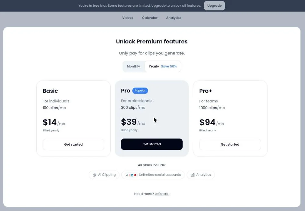 Klap's "Unlock Premium features" paywall, shown in place of processing after pressing Generate on a free trial account, listing Basic, Pro and Pro+ plans with no free tier