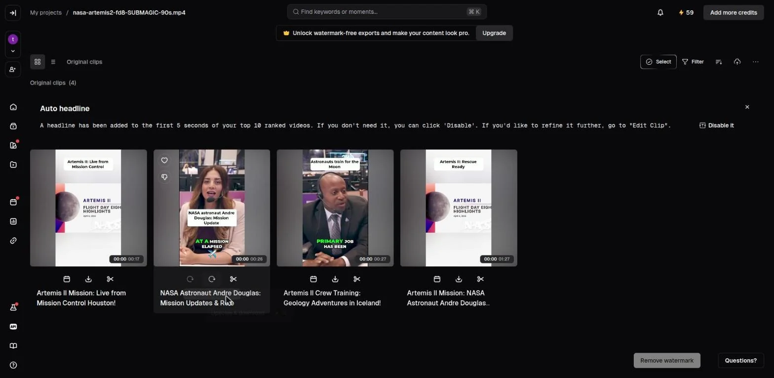 OpusClip's clips grid on a free account showing four generated clips from the NASA source, each with a download icon, 59 credits remaining and a "Remove watermark" prompt