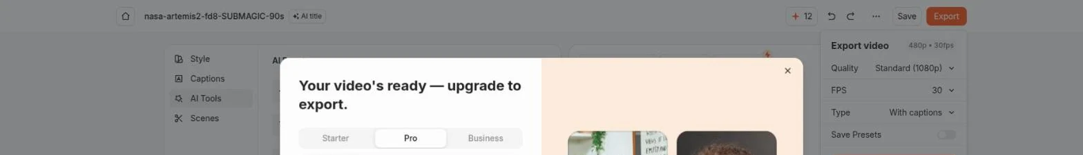 Submagic's export wall on a free trial account, reading "Your video's ready — upgrade to export", with the export panel set to Standard 1080p, 30 FPS, with captions