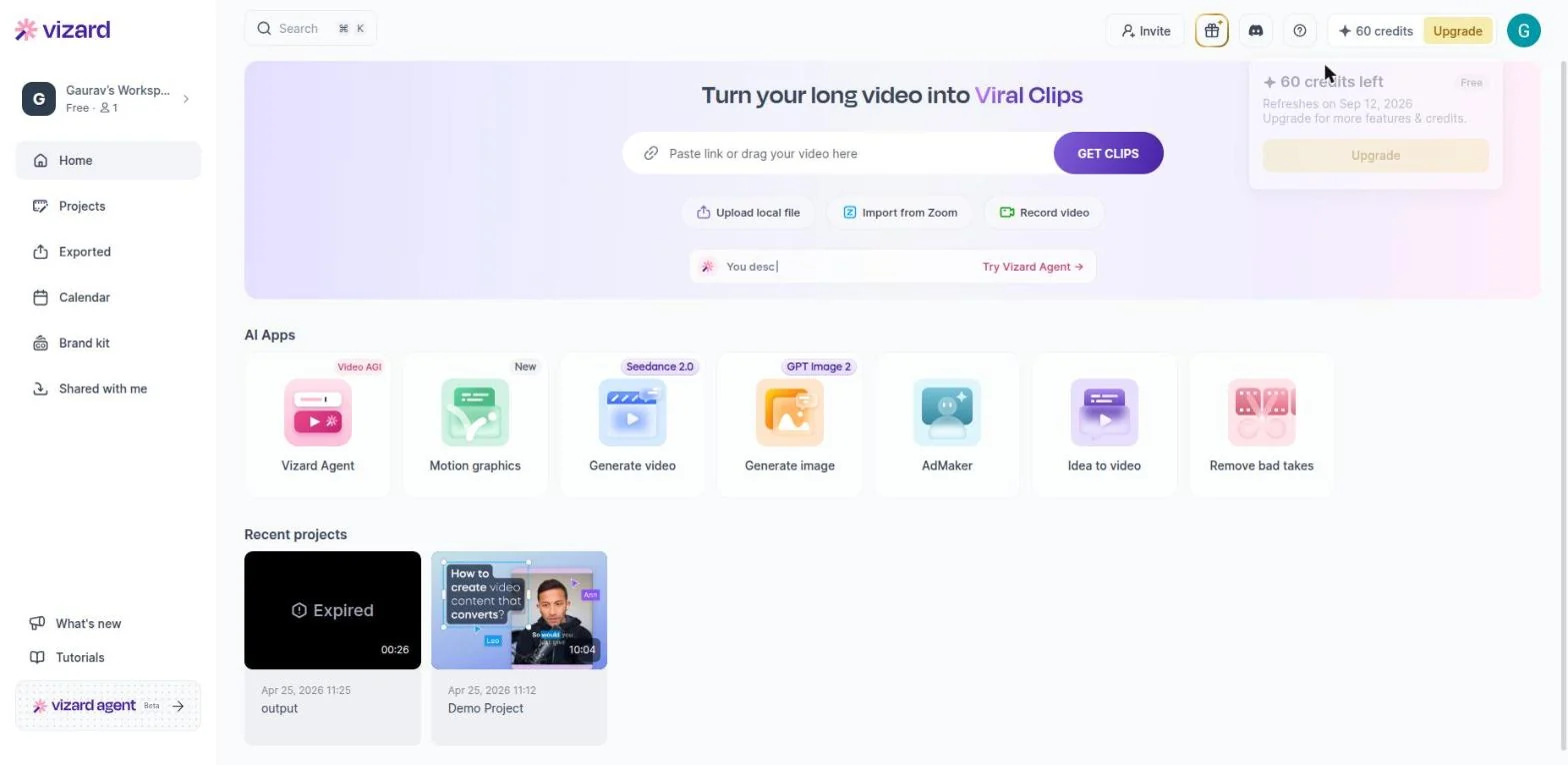 Vizard AI credit tooltip on a free workspace showing 60 credits and the monthly refresh date