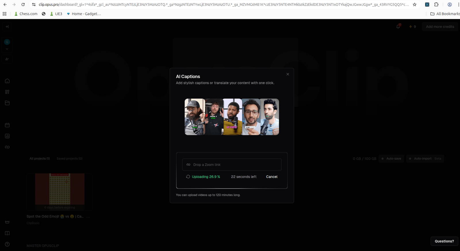 AI Captions local-file upload in progress for the natural-speech test