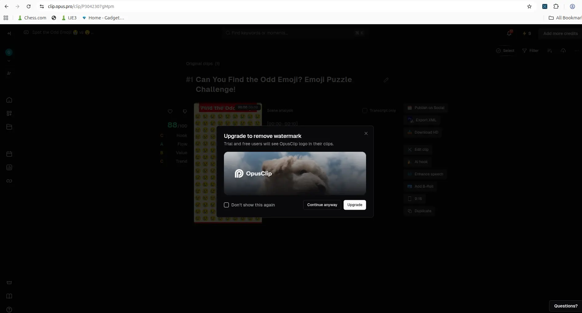 OpusClip Download HD popup showing the watermark and upgrade requirement