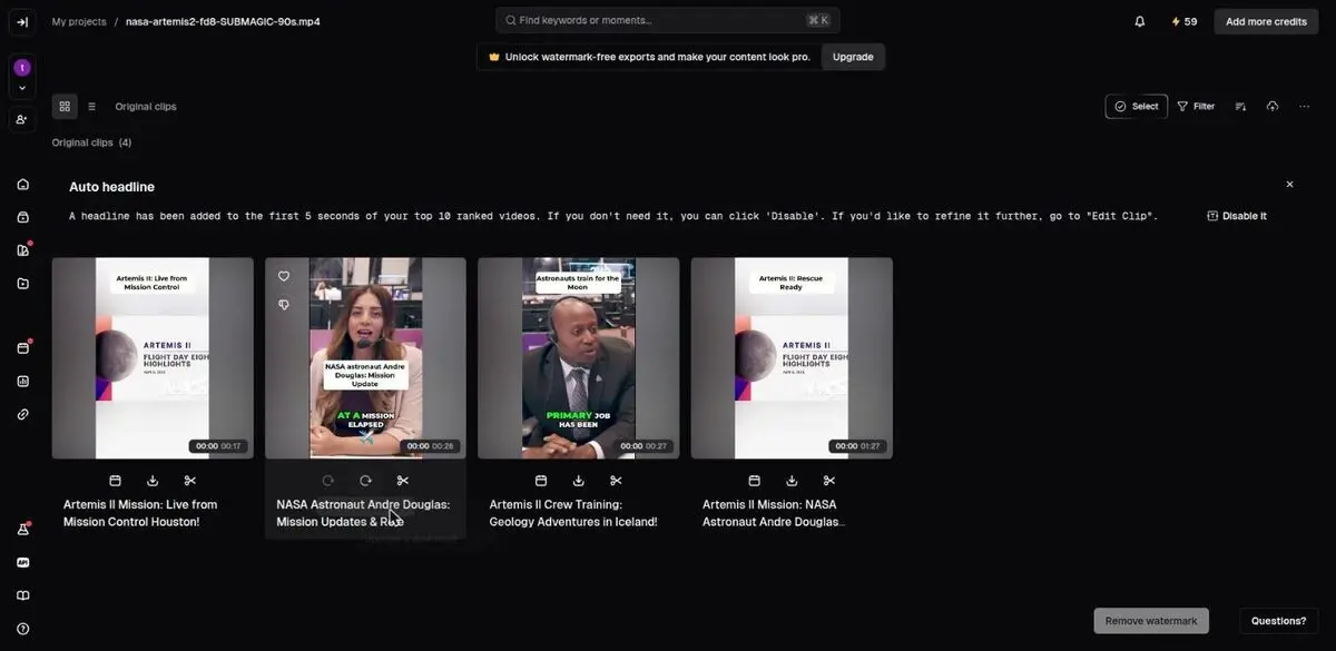 OpusClip clip grid immediately after clicking Download HD, showing the clip rendering with no upgrade modal and no paywall