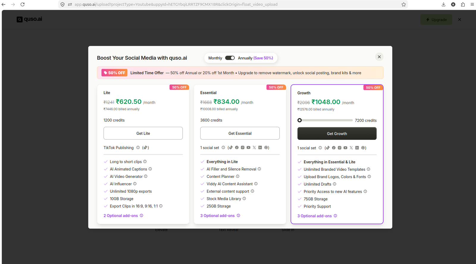 Quso.ai paid upgrade modal after clicking Generate clips for MP4 upload