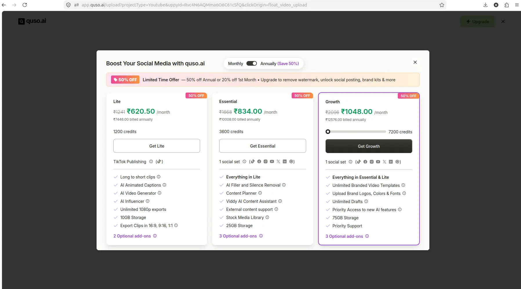Quso.ai paid upgrade modal after Generate clips from YouTube workflow