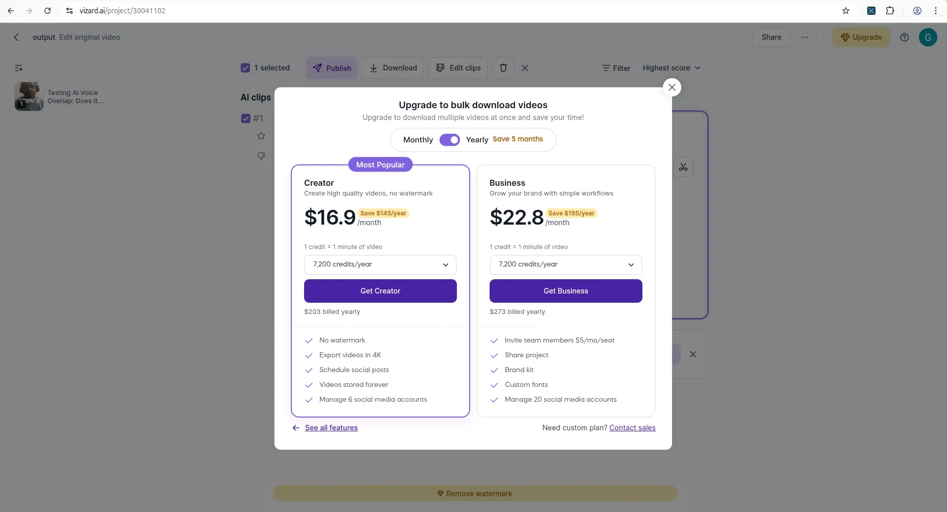 Vizard AI free download result showing watermark behavior