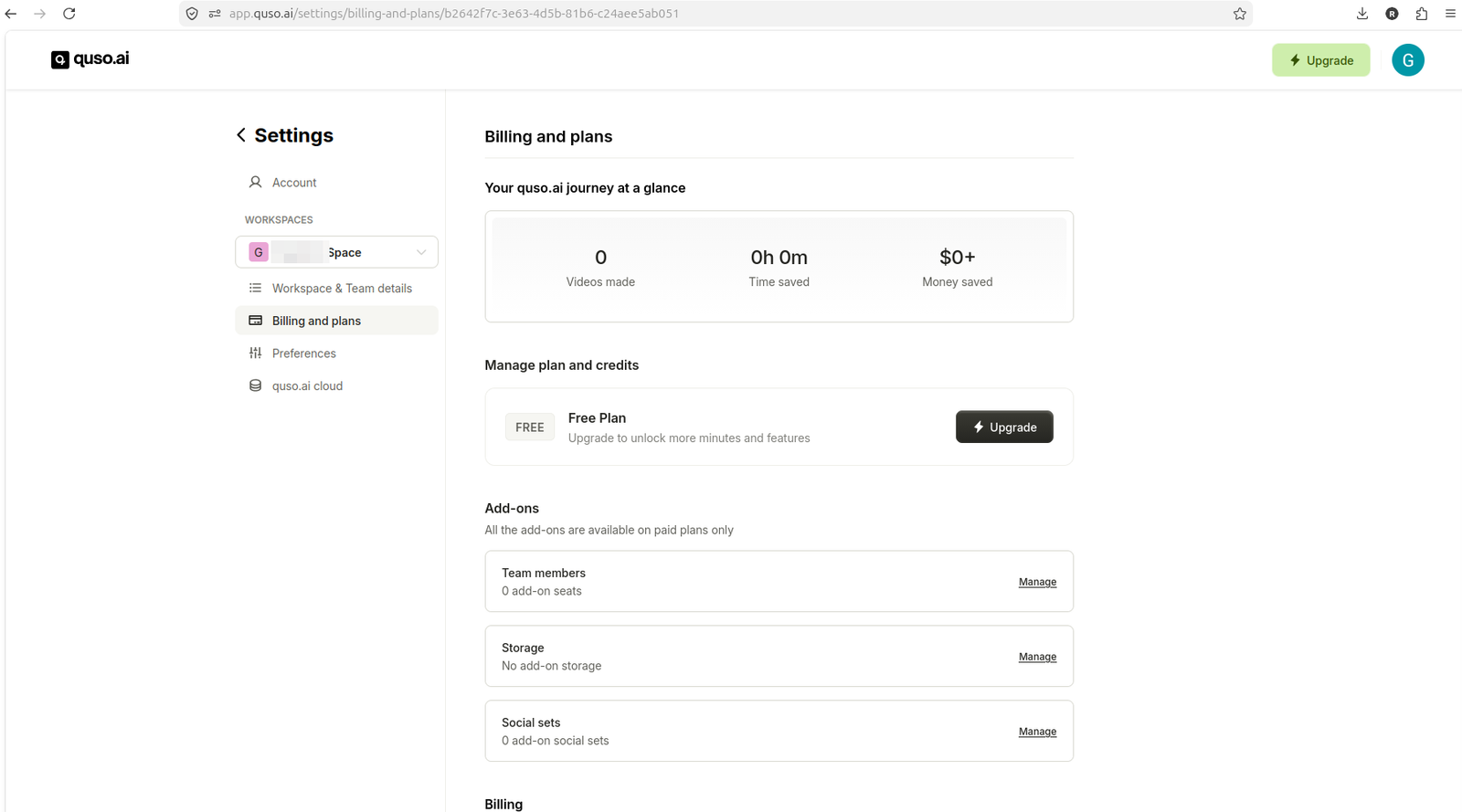 Quso.ai billing page showing Free Plan without visible credit balance