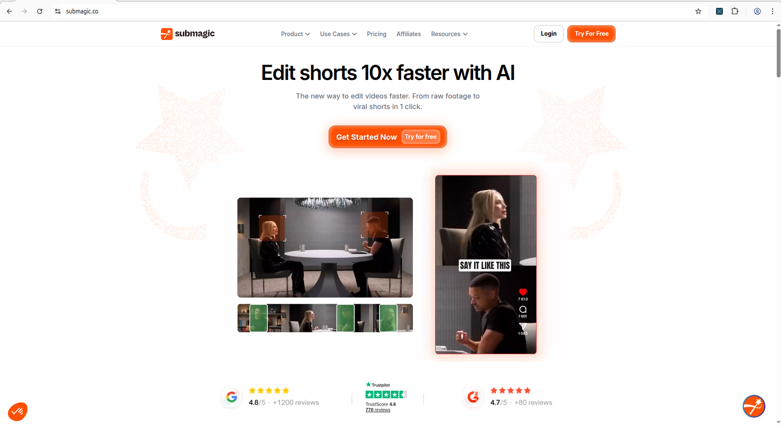 Submagic homepage showing AI Shorts editor for caption generation and video editing
