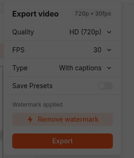 Submagic export panel from the May 2026 session showing Quality HD 720p and a "Watermark applied" label above a Remove watermark button