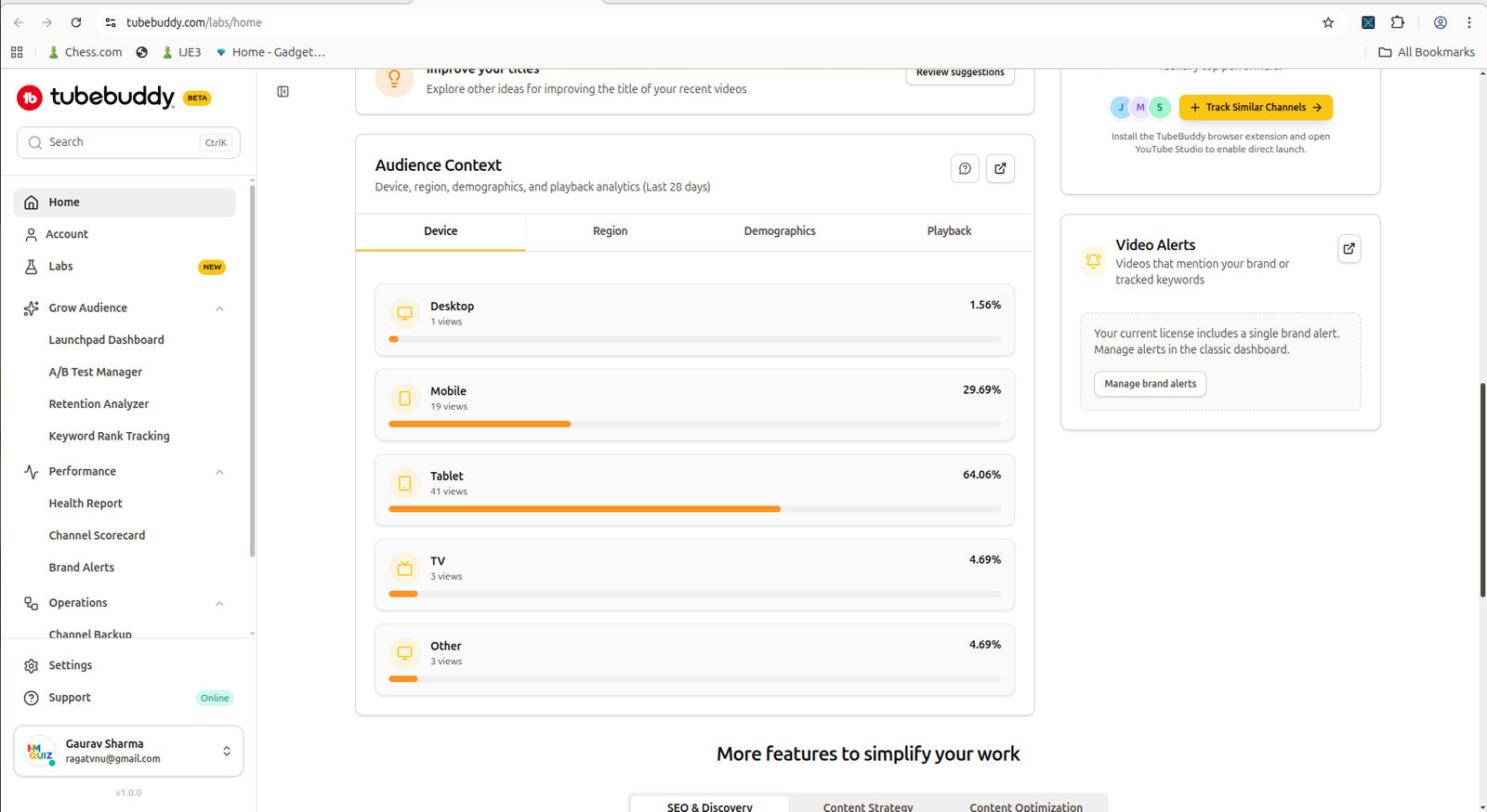 TubeBuddy audience context with device and performance breakdown