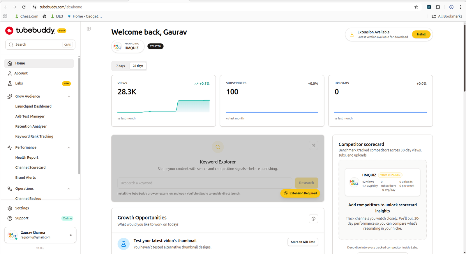 TubeBuddy dashboard showing channel metrics and growth opportunities
