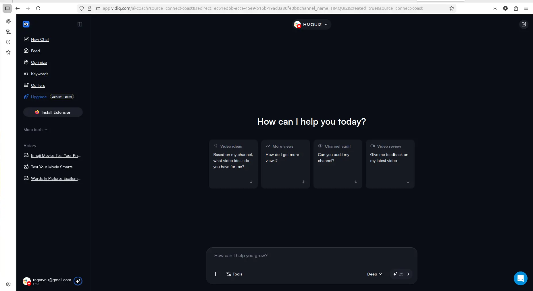 vidIQ AI prompts dashboard for a connected YouTube channel