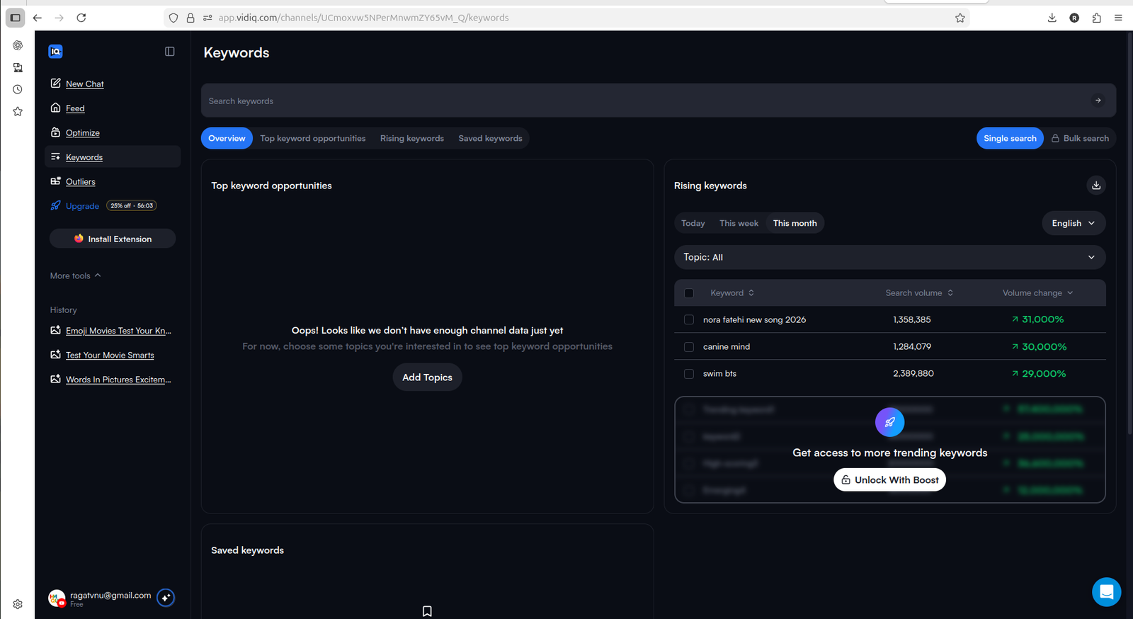 vidIQ keyword screen showing Boost unlock prompt