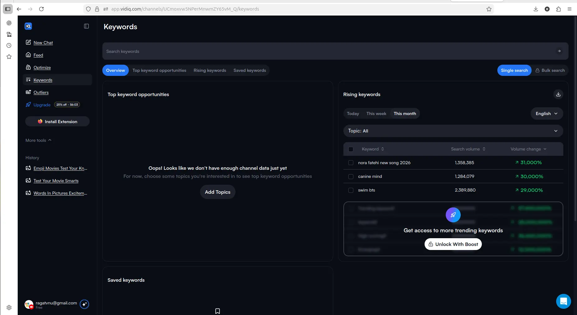 vidIQ keyword screen showing Boost unlock prompt