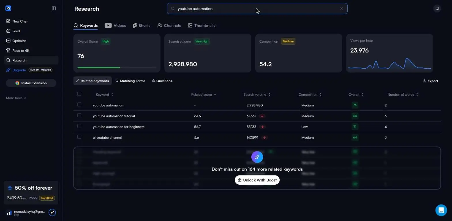 vidIQ free-plan keyword results with the rest blurred behind a Boost upgrade prompt
