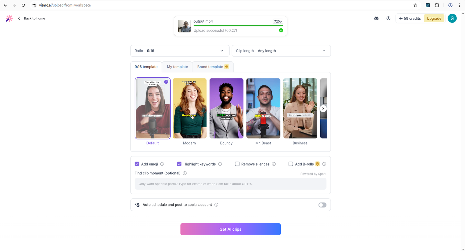 Vizard AI clip setup screen showing paywalled features with lock indicators