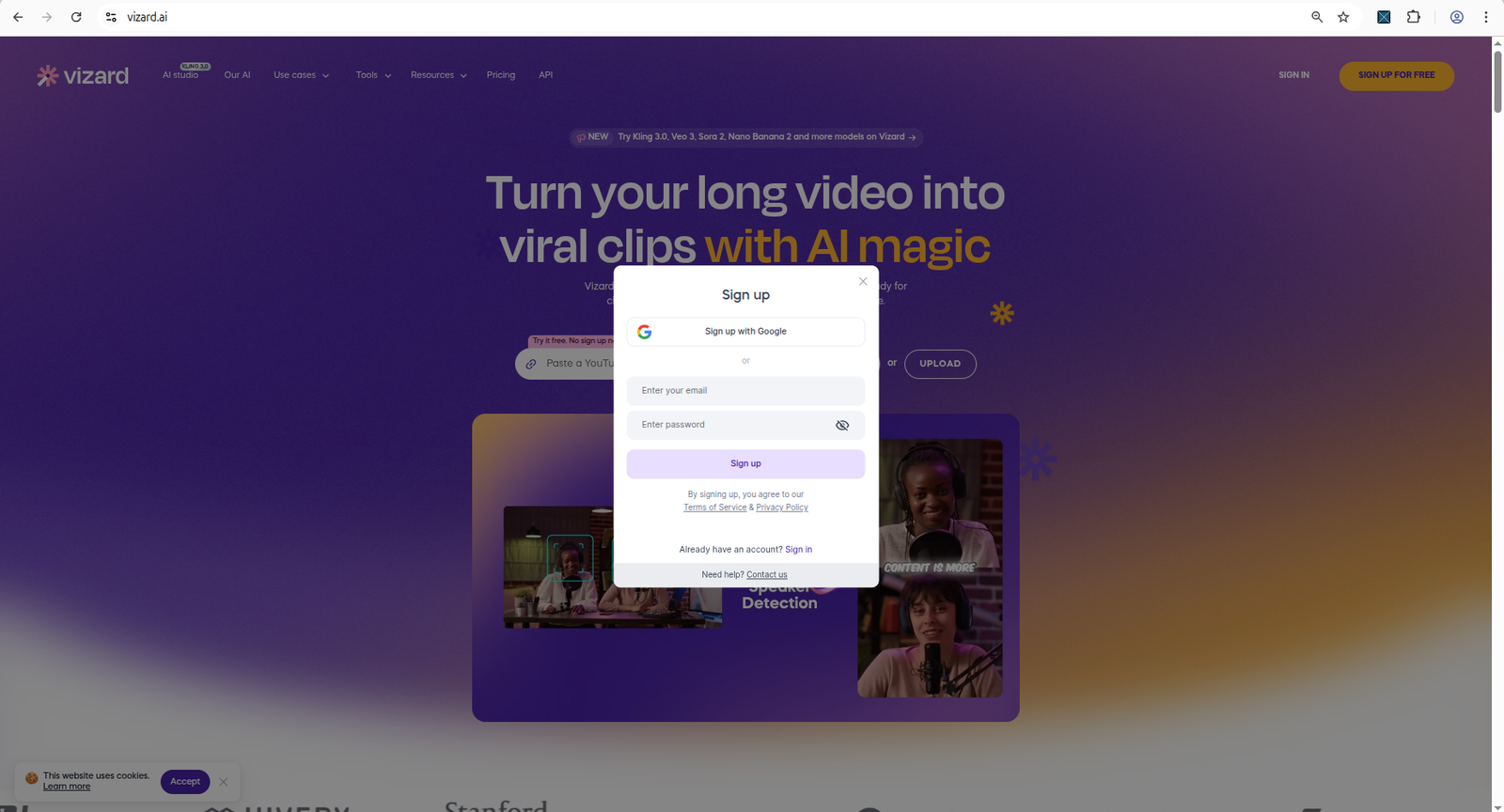 Vizard AI sign-up modal appearing despite no sign-up badge on homepage