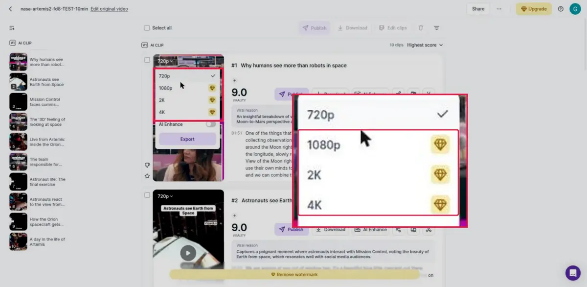 Vizard AI per-clip export menu on the free plan showing 720p selected and 1080p, 2K and 4K each marked with a paid upgrade badge