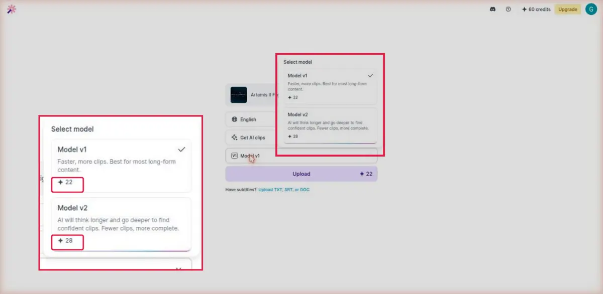 Vizard AI import screen showing the Model v1 and Model v2 dropdown with credit costs of 22 and 28 for a 22 minute 48 second source video