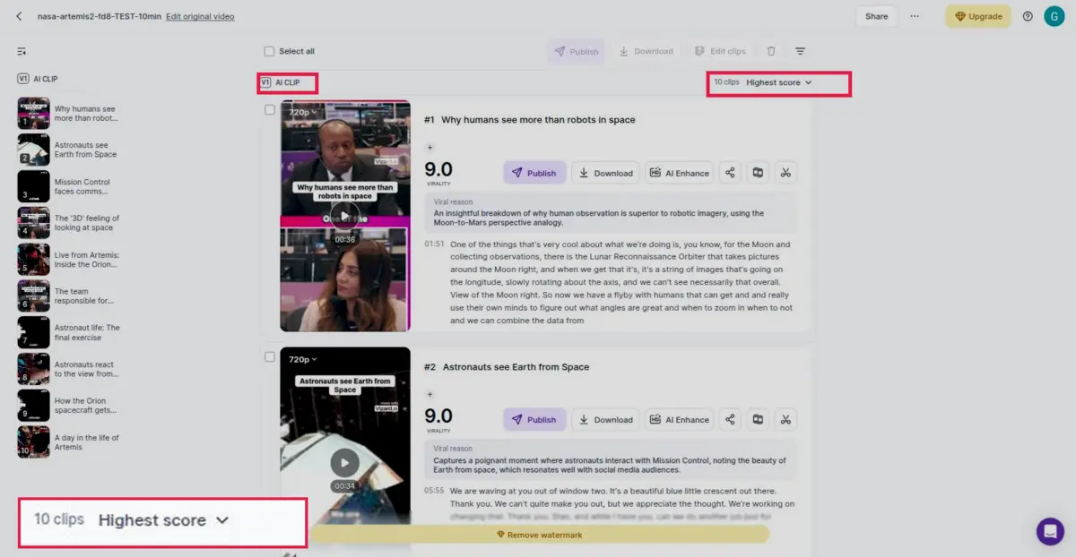 Vizard AI results page for Model v1 showing 10 generated clips in a vertical 9:16 format with virality scores and a visible Vizard watermark