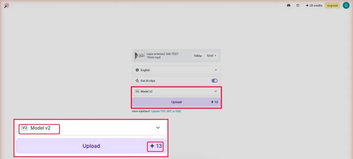 Vizard AI upload screen with Model v2 selected and the Upload button showing a cost of 13 credits for a 10 minute 1 second 1080p video