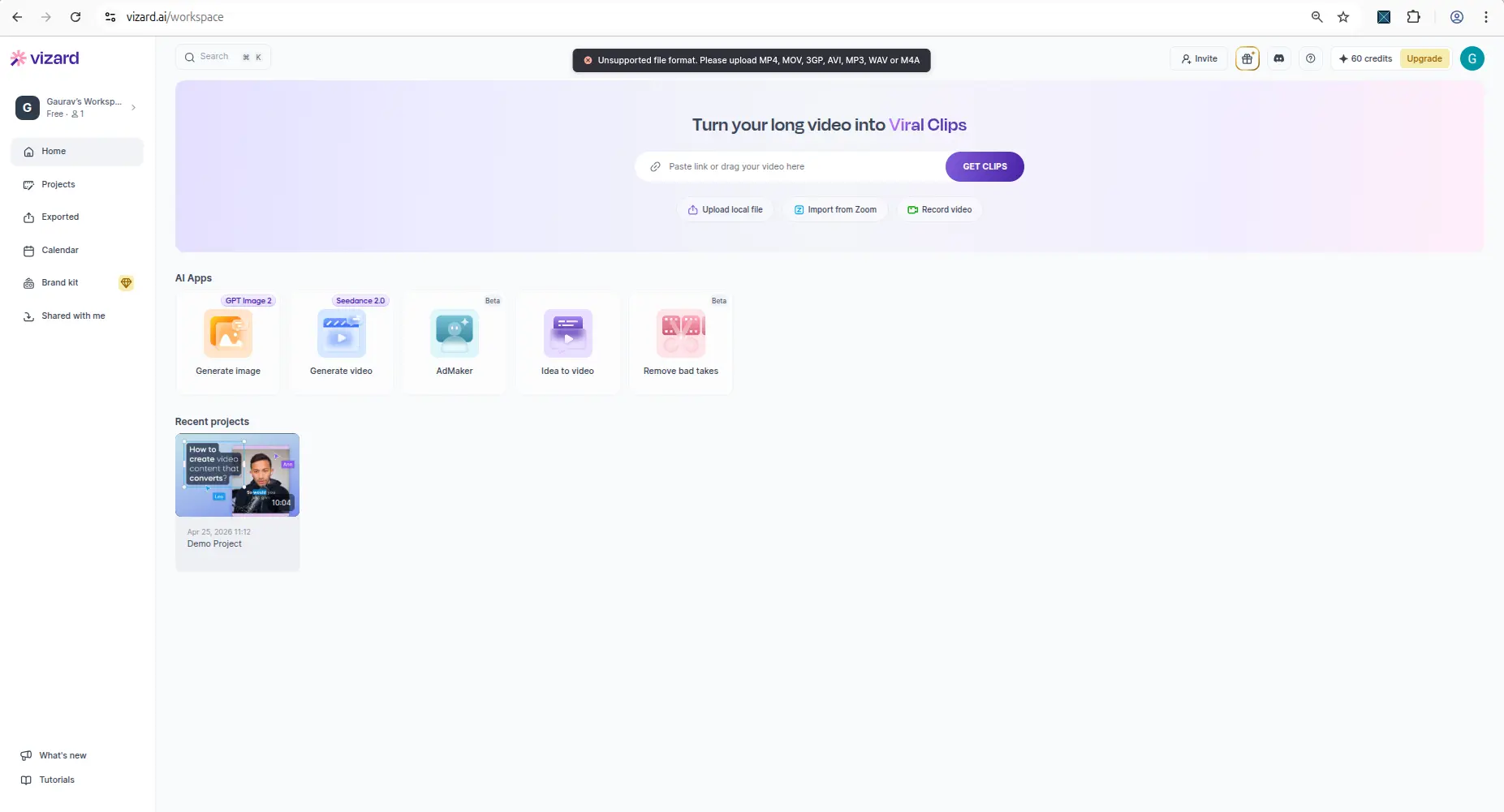 Vizard AI upload screen or unsupported format message