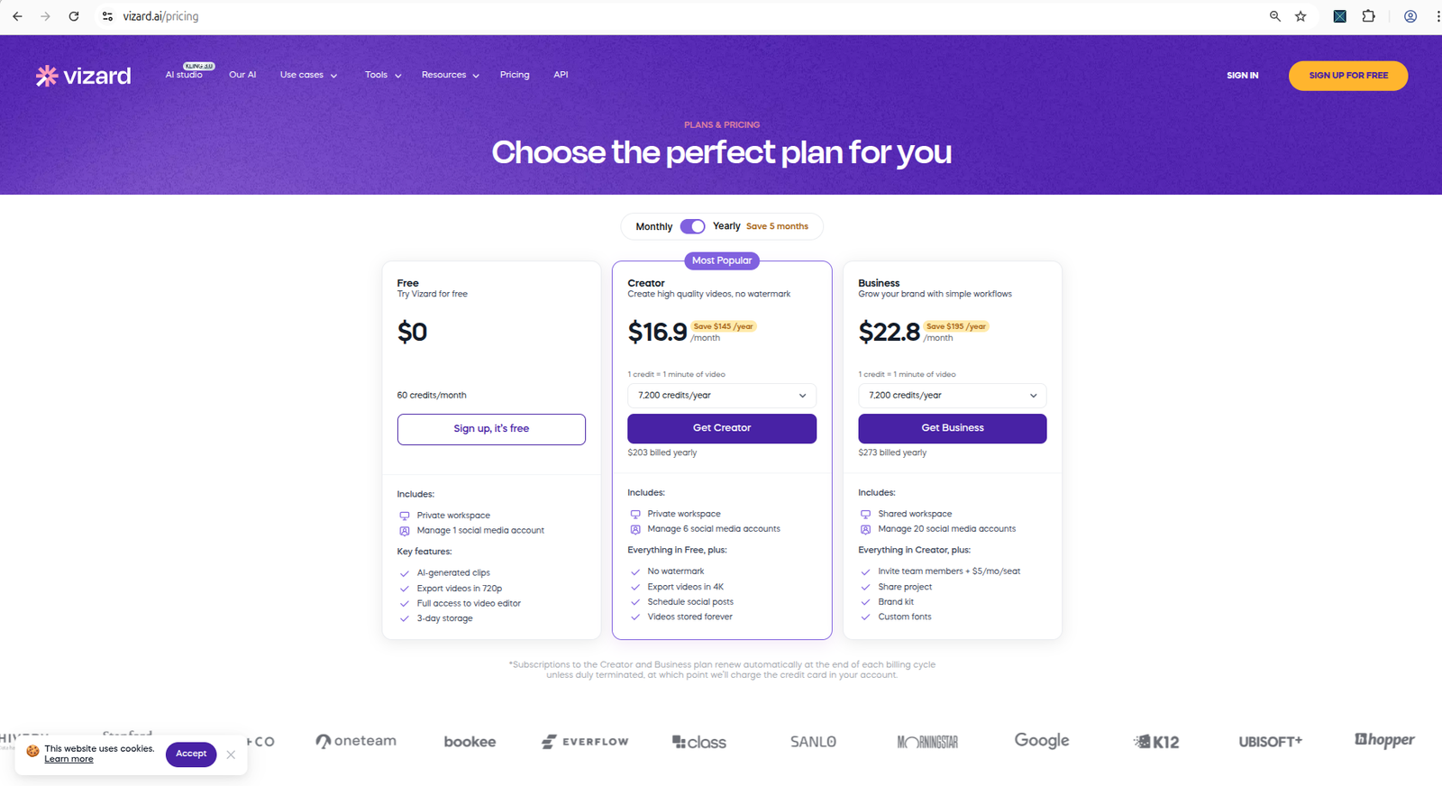 Vizard AI pricing page showing free and paid plans