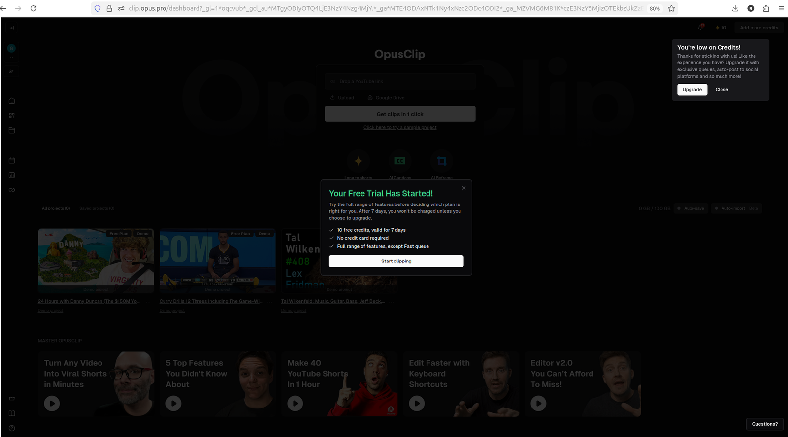 OpusClip dashboard showing available credits