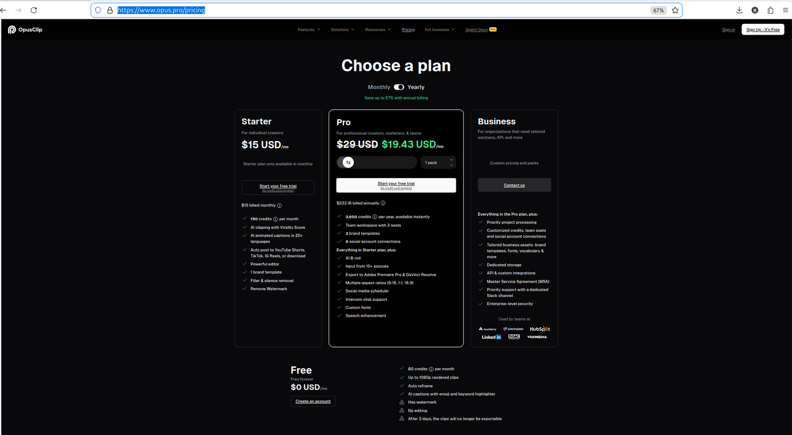 OpusClip pricing page showing free and paid plans