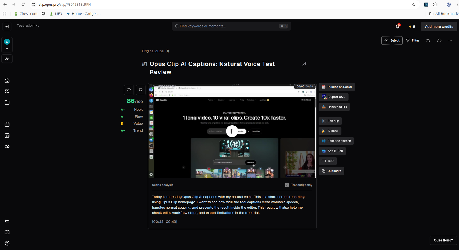 OpusClip result screen showing generated clip