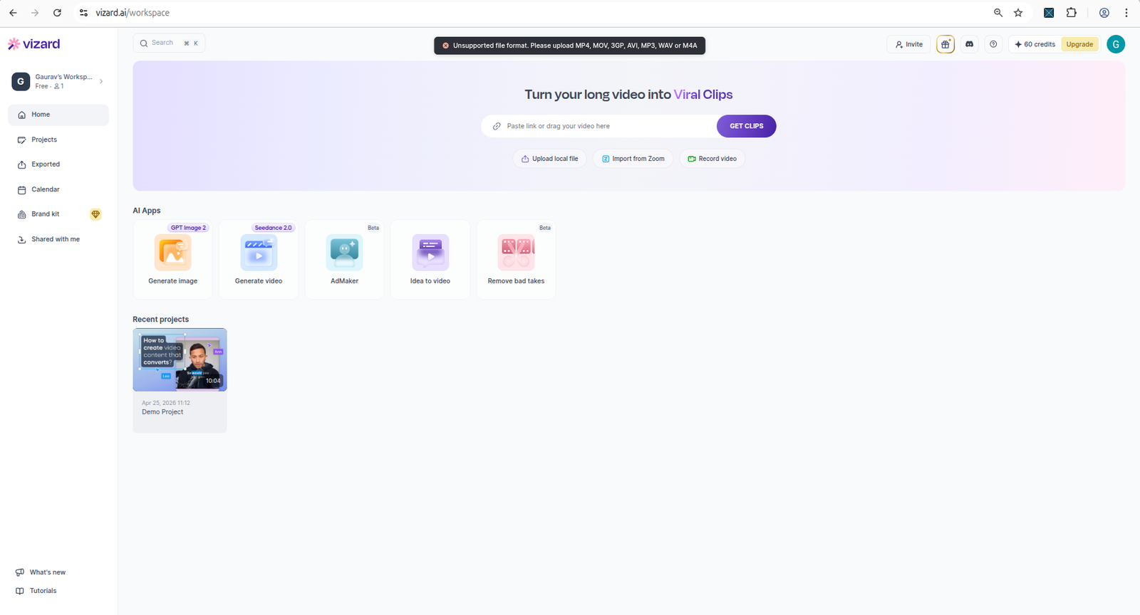 Vizard AI upload screen or unsupported format message