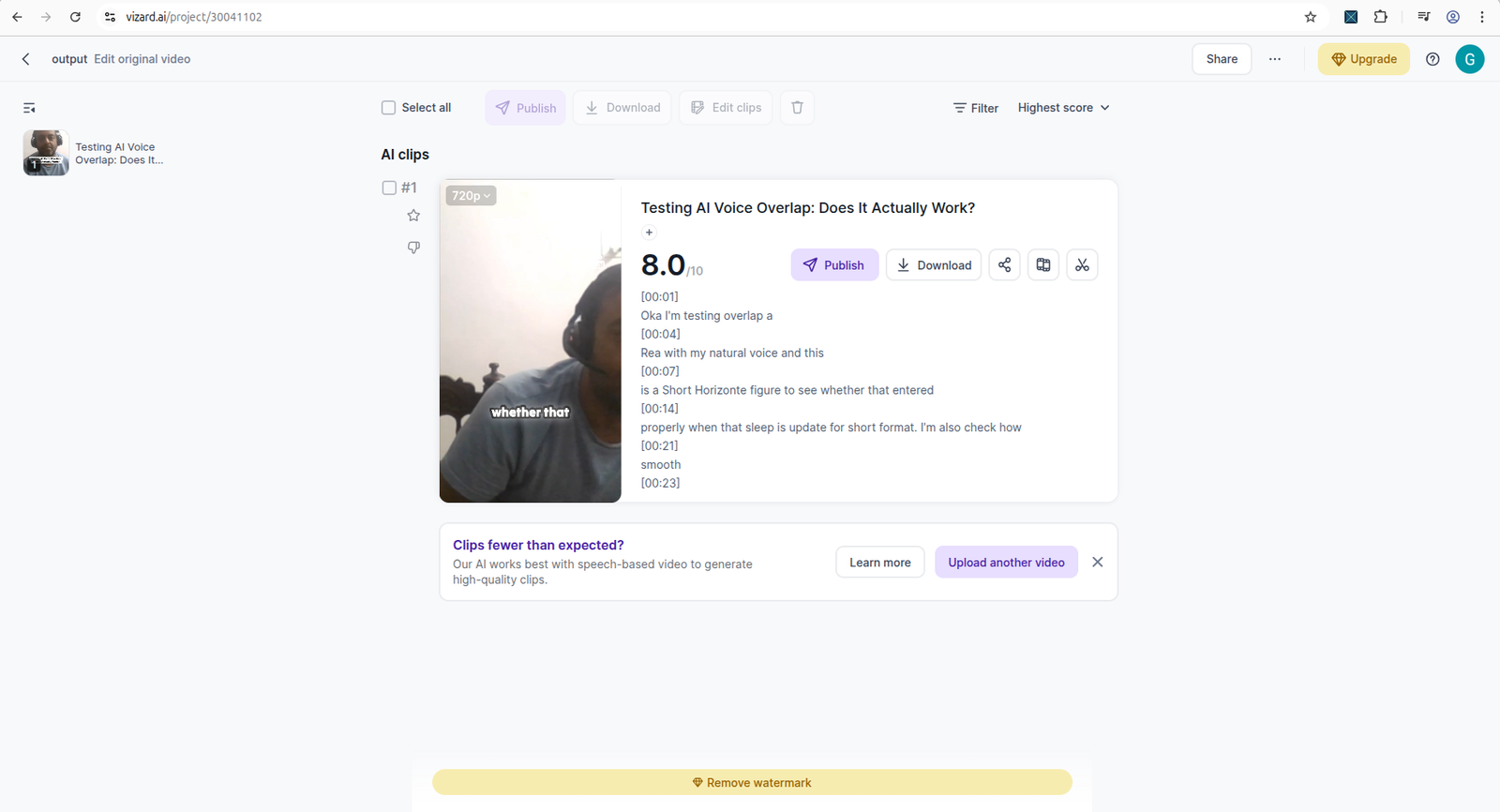 Vizard AI result screen showing generated clip