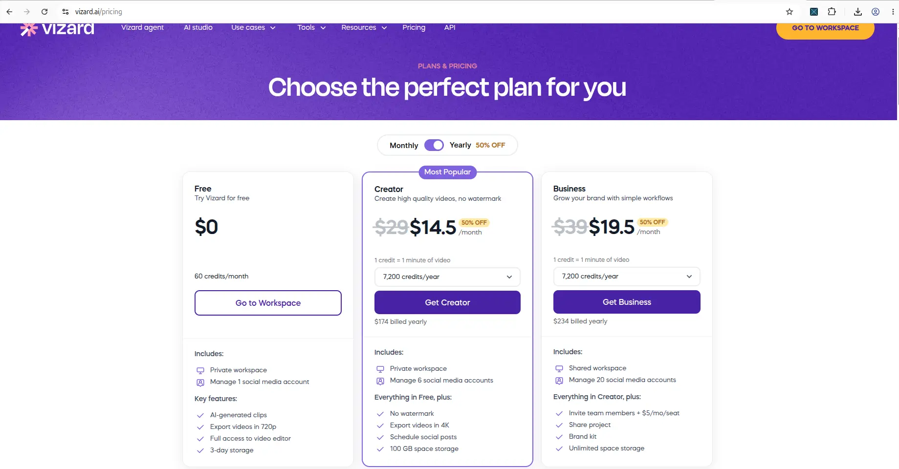 Vizard AI pricing page showing Free, Creator and Business plans in August 2026