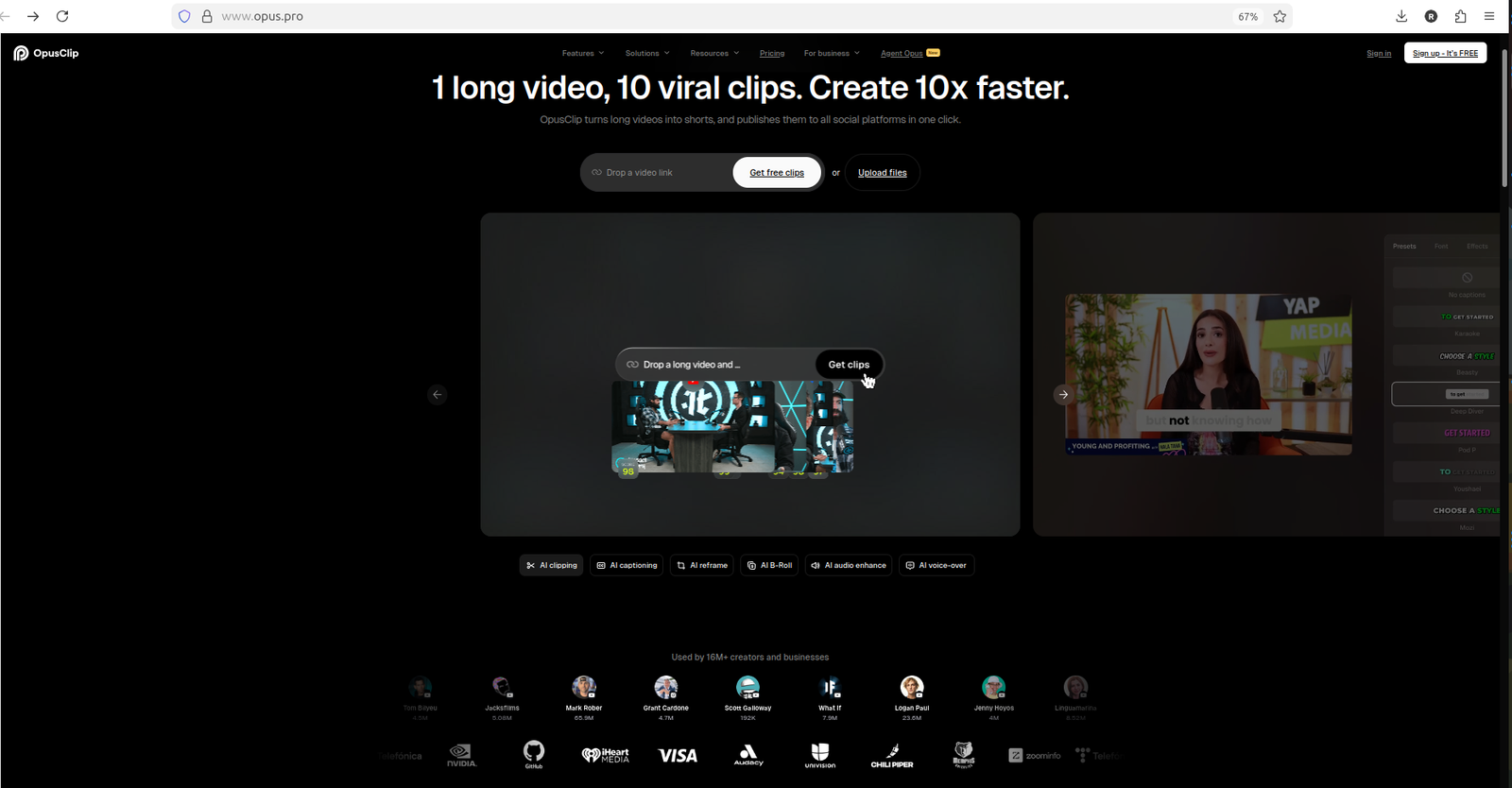 OpusClip homepage hero for AI video repurposing