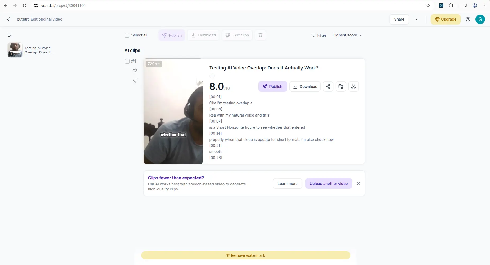 Vizard AI result screen showing generated clip