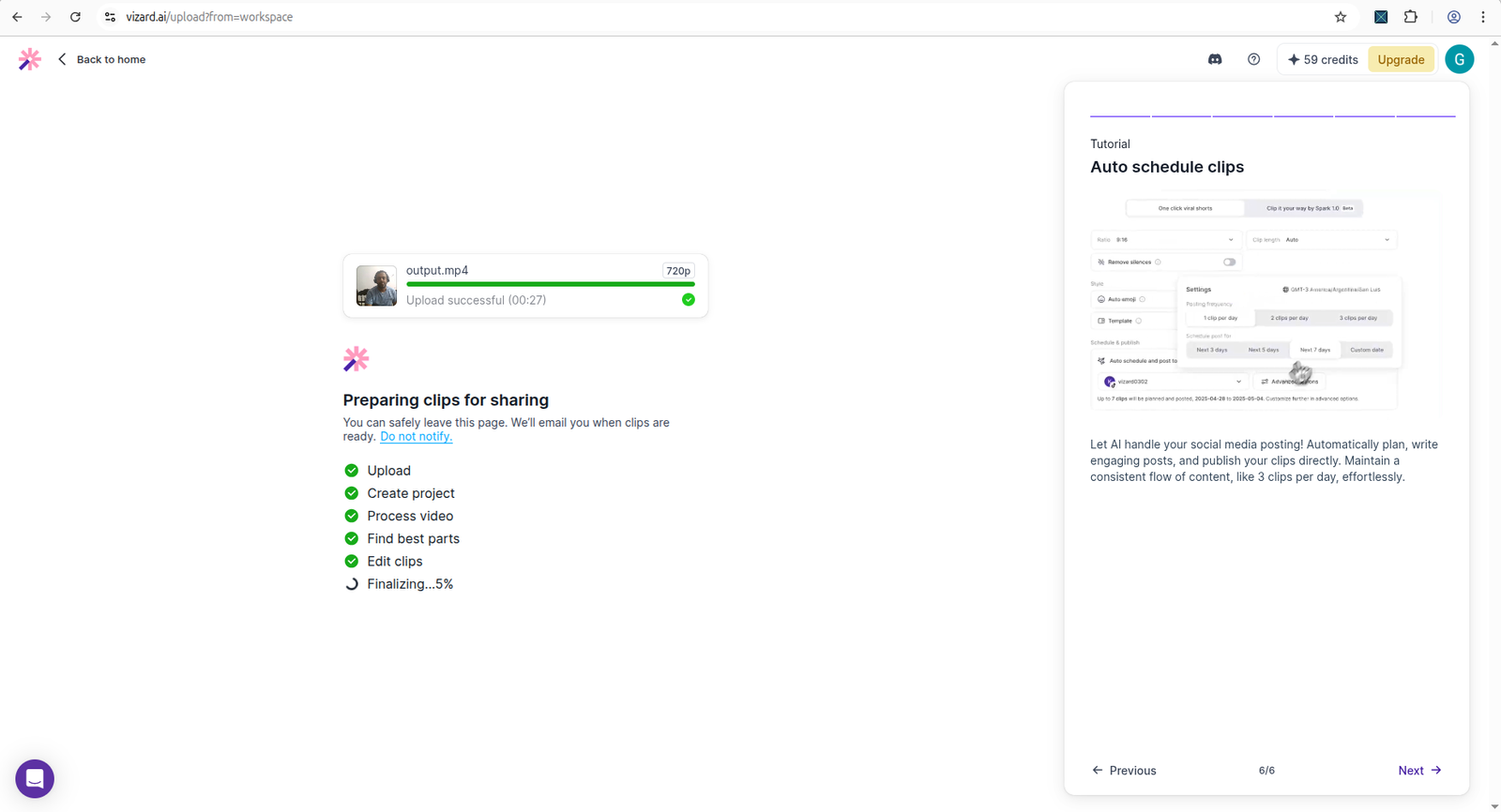 Vizard AI clip processing on the free plan before the watermarked download step