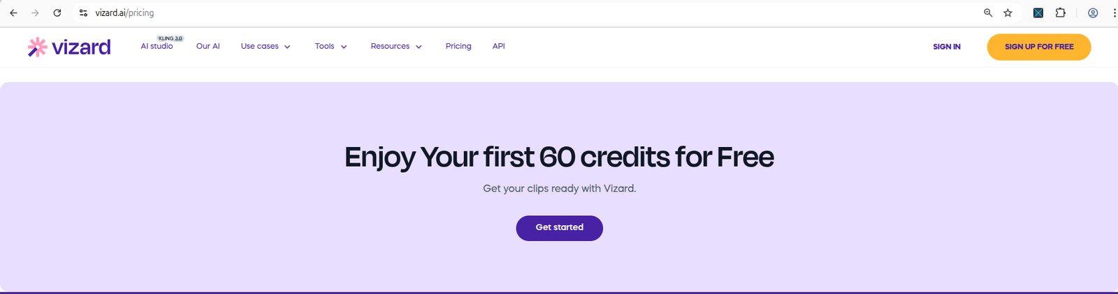 Vizard AI dashboard showing the free plan with 60 monthly credits