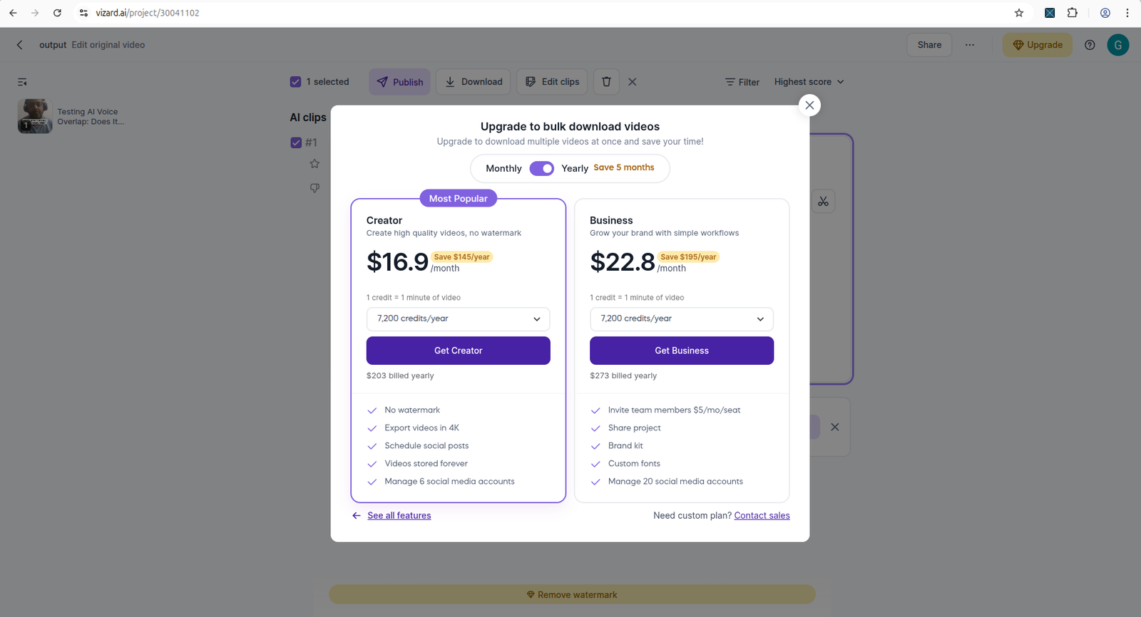 Vizard AI download step opening an upgrade modal that headlines no watermark