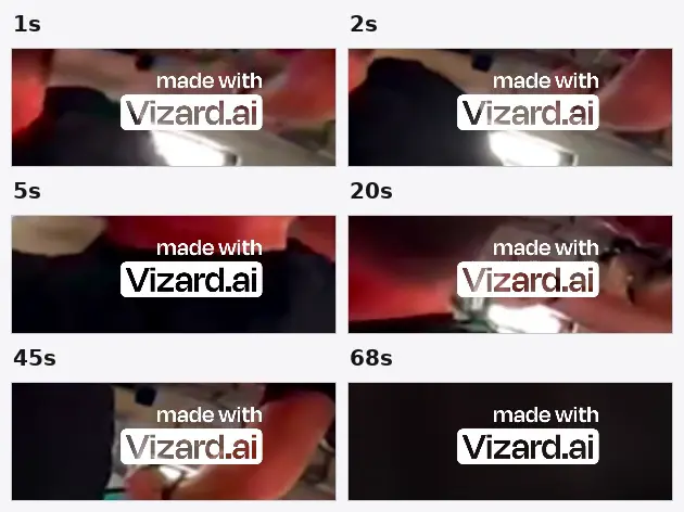 Six crops of the upper-right corner of a Vizard AI free-plan export at 1, 2, 5, 20, 45 and 68 seconds, each showing the "made with Vizard.ai" wordmark with no fade-in and no gap