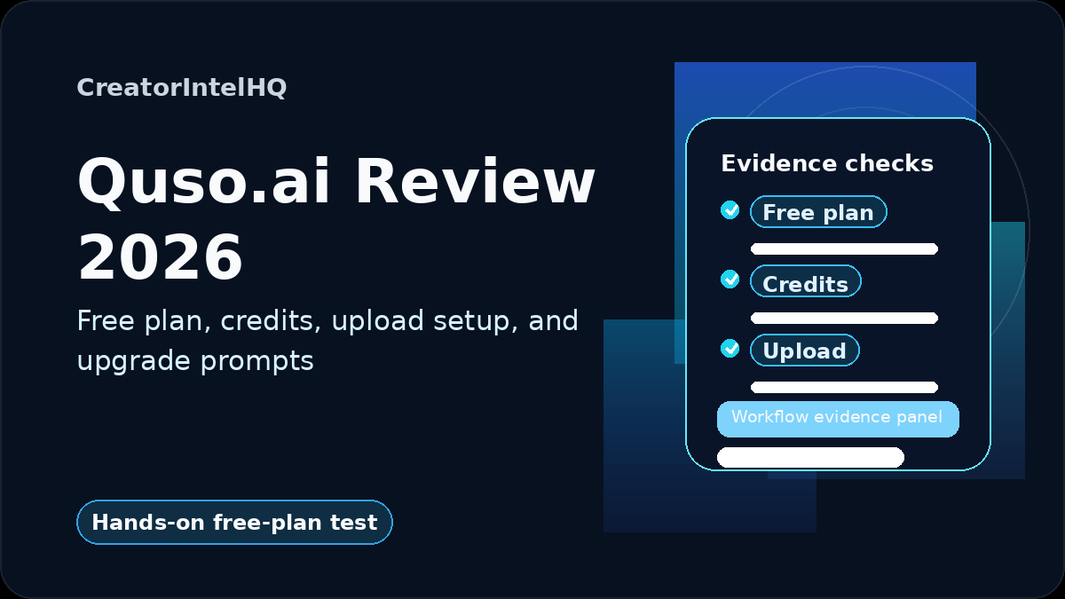 CreatorIntelHQ card for Quso.ai Review: Free Plan, Credits, Upload and Export Limits Tested
