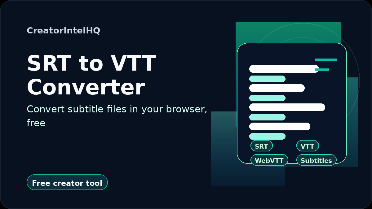 CreatorIntelHQ SRT to VTT Converter card for converting subtitle files between SRT and VTT (WebVTT) format in the browser.