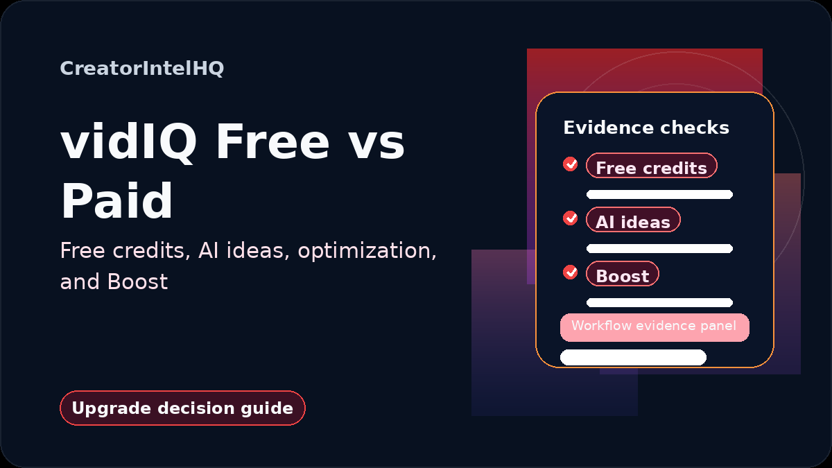 CreatorIntelHQ vidIQ Free vs Paid card covering free credits, AI ideas, optimization, Boost, and upgrade decisions.